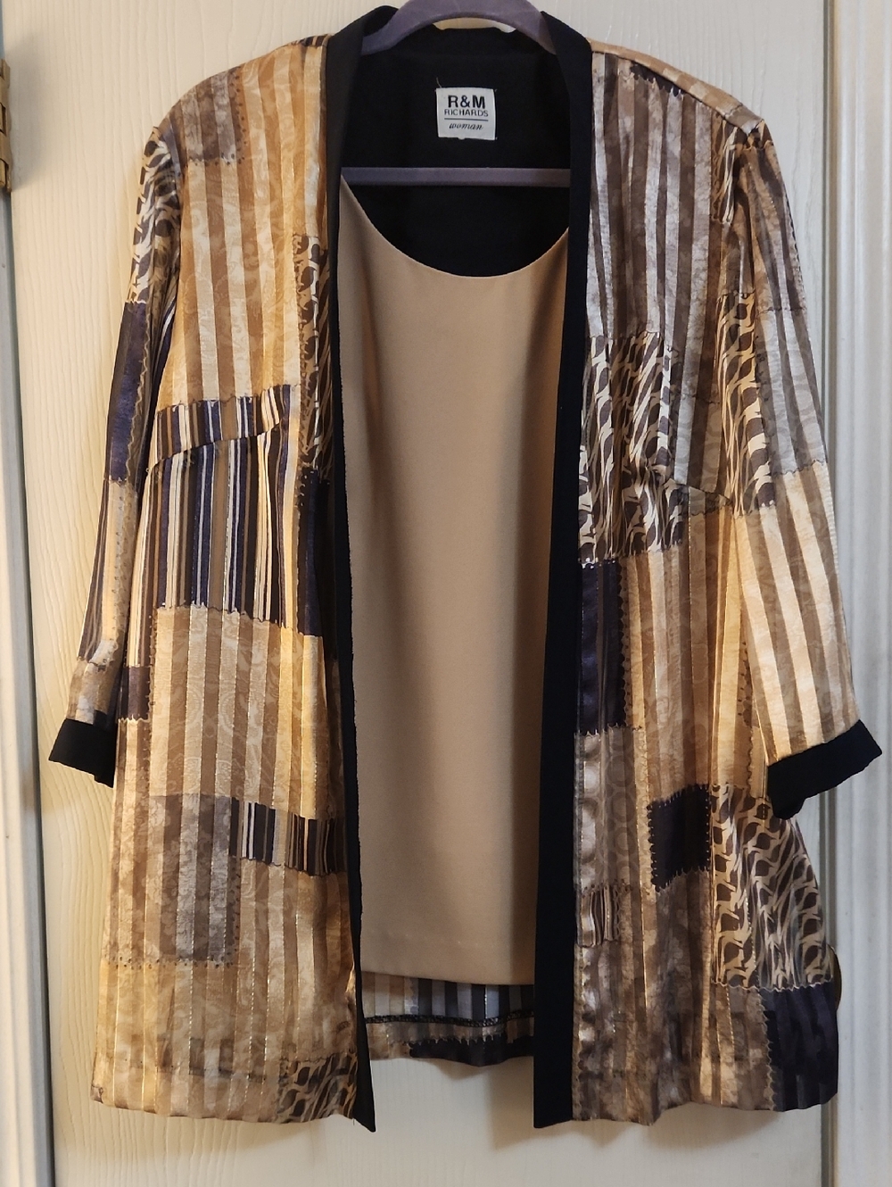 R&M Richards Patchwork Striped Open-Front Cape Jacket in Beige, Brown and Black